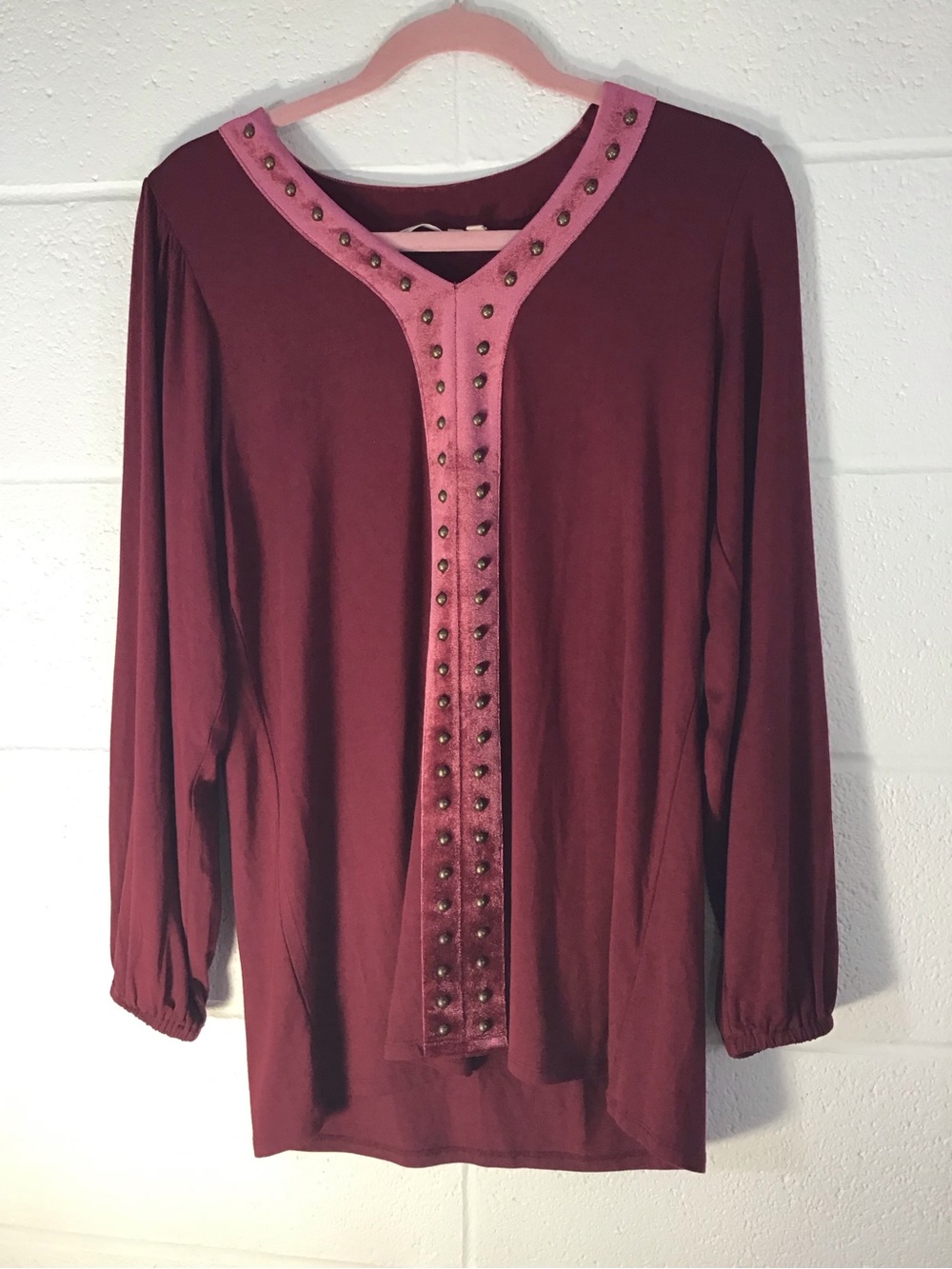 Soft Surroundings Burgundy Wine Long Sleeve Stretch Top Velvet Stud Trim Small